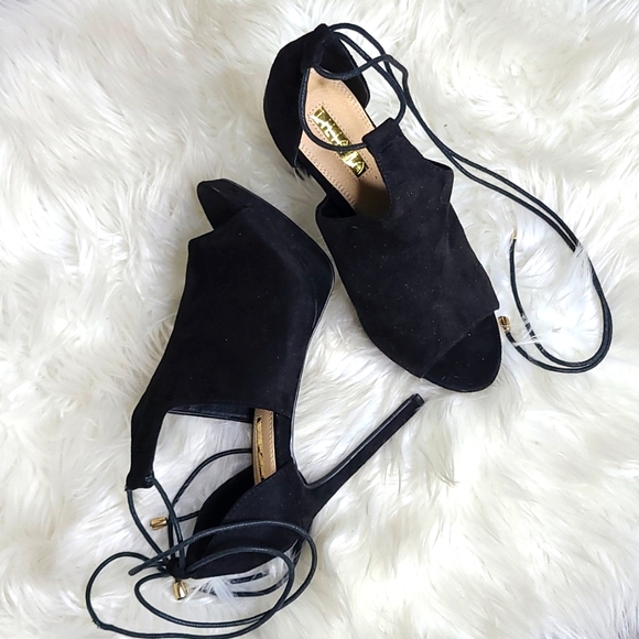 Sexy High Heel Peep Toe Pumps Size 8 Ankle Tie Black Faux Leather Dressy Party - Picture 2 of 7